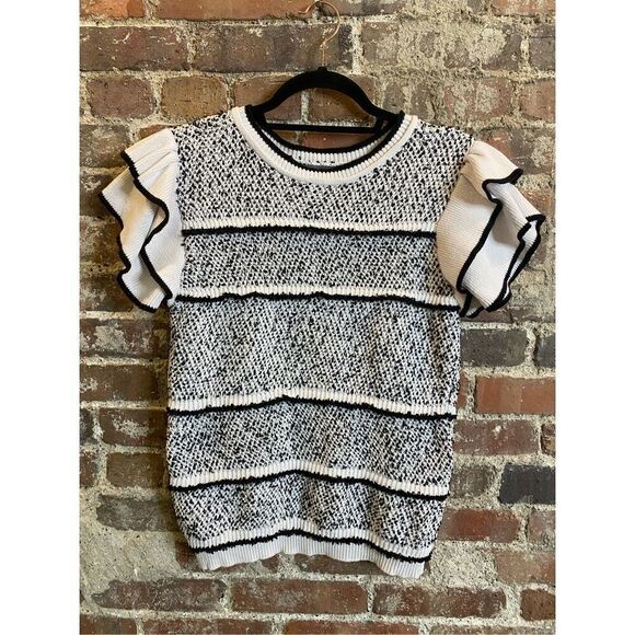 Grey Collection Latina Style Black/White Stripe Short Ruffle Sleeve Knit Sweater - Picture 1 of 7